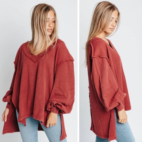 Free People Asher Thermal Oversized Shirt Stolen Kiss Maroon Red Small NWT NEW - Picture 3 of 12